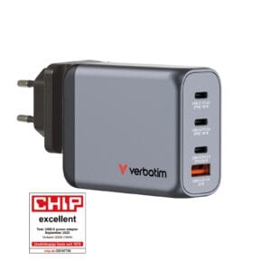 Verbatim GaN Charger 100W with 2 x USB-C PD 100W / 1 x USB-C PD 65W / 1 x USB-A QC 3.0 (EU/UK/US), USB-C