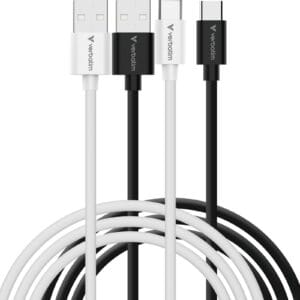 Verbatim Essentials Sync & Charge USB-A to C Cables (2 pack) Black & White, 1m, 18W QC, 480Mbps, Quick Charge 3.0 Support Up To 18W Charging