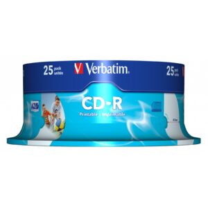 Verbatim CD-R Wide Inkjet Printable ID Branded 25 Pack Spindle AZO 700MB 52X, Inkjet