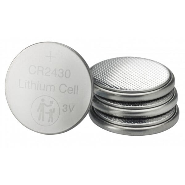 Three silver CR2430 lithium coin cell batteries sit on a white background, one upright beside a stack.