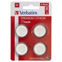 A Verbatim CR2430 3V lithium battery pack shows four coin cells in red-and-white retail packaging.