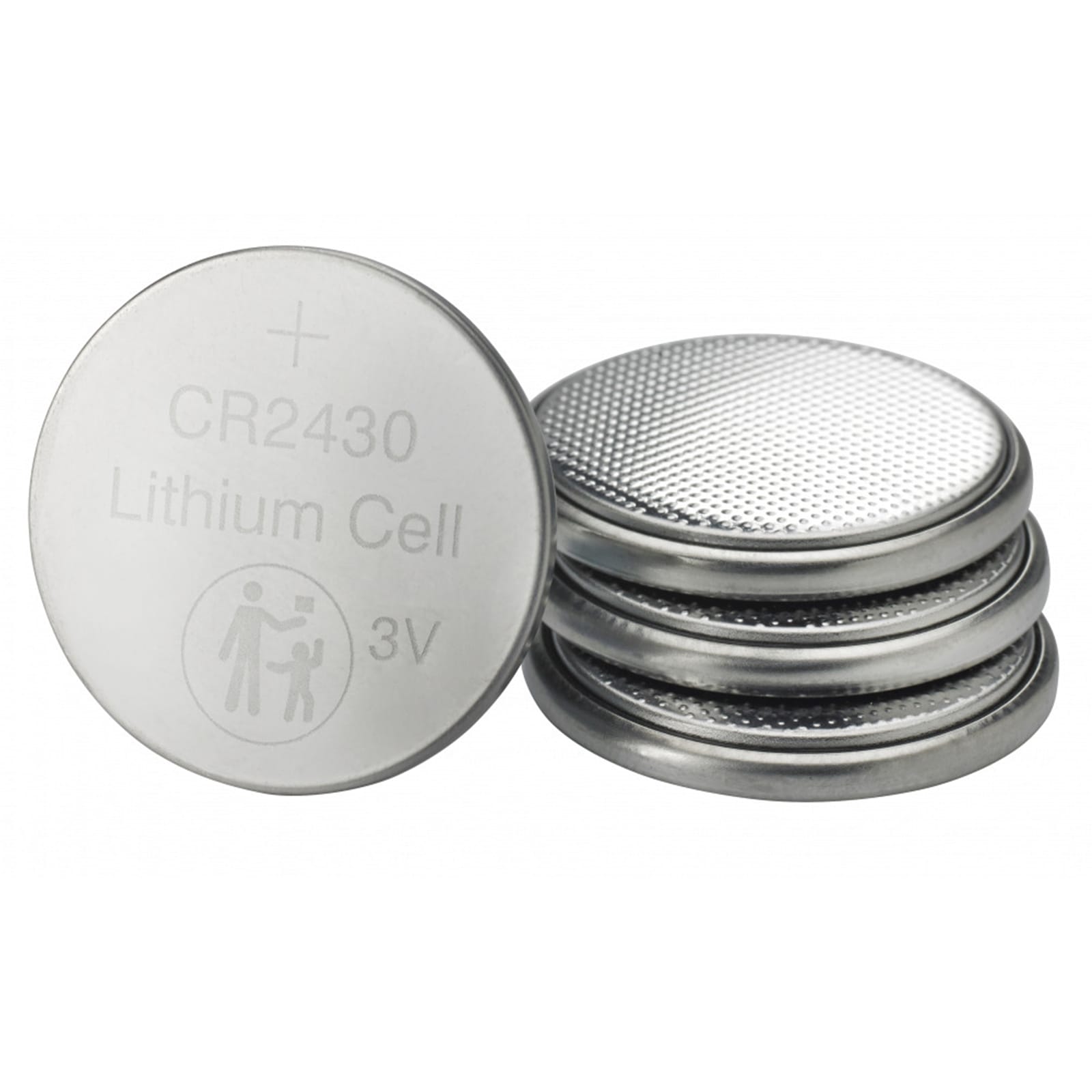 Three silver CR2430 lithium coin cell batteries sit on a white background, one upright beside a stack.