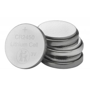 Verbatim CR2450 lithium coin cells are stacked in a neat pile, with one battery facing forward against a white background.