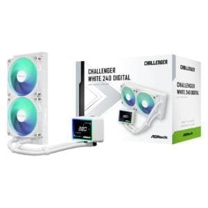 ASRock Challenger 240 Digital AIO Liquid CPU Cooler, 240mm Radiator, White, Dual 120mm PWM ARGB Fans, 3" Digital Display