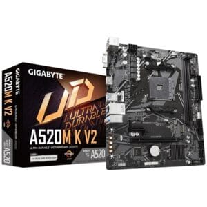 Gigabyte A520M K V2 Ultra Durable AMD AM4 Socket Motherboard, Micro-ATX, 2x DDR4 Slots, 1x M.2 Socket, GbE LAN