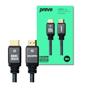 Prevo HDMI-2.1-3M HDMI Cable, HDMI 2.1 (M) to HDMI 2.1 (M), 3m, Black & Grey, Supports Displays up to 8K@60Hz