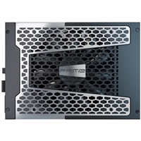 Rear view of the black Seasonic PRIME TX 1600W power supply, showing its honeycomb ventilation grille and central fan.
