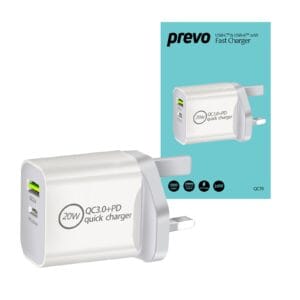 Prevo QC70 20W USB Type-C & USB Type-A Fast Charge Mains Charger with QC 3.0 for Laptops, Ultrabooks, Chromebooks, iPads, MacBooks