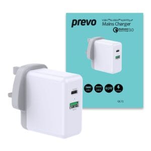 Prevo QC72 65W USB Type-C & USB Type-A Fast Charge Mains Charger with Qualcomm Quick Charge 3.0 and 1.5m 100W USB-C Cable for Laptops, USB-C