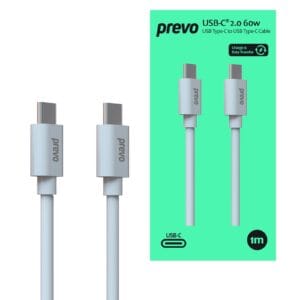 Prevo USB 2.0 60W C to C PVC cable, 20V/3A, 480Mbps, White, Superior Design & Performance