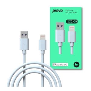 Prevo Lightning Cable, USB 2.0 A (M) to Apple Lightning (M), 2m, White, MFI Certified