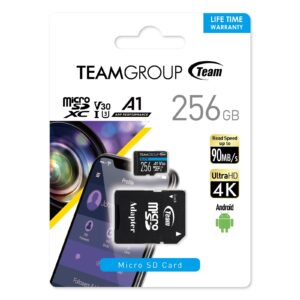Team Elite A1 256GB Micro SDXC UHS-1 Flash Card with Adapter (for Android & 4K) (TEAUSDX256GIV30A103)