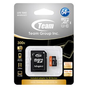 Team 64GB Micro SDXC UHS-1 Class 10 Flash Card with Adapter (TUSDX64GCL10U03)